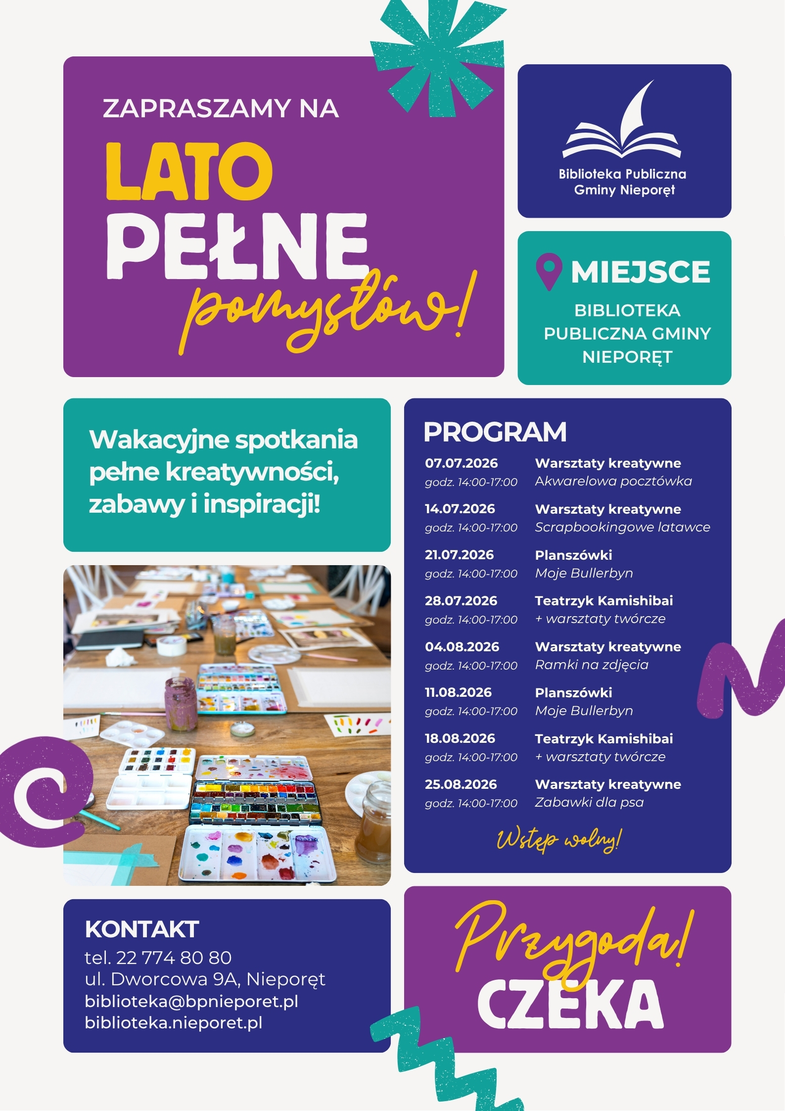 Plakat z zaproszeniem na zajęcia wakacyjne w bibliotece