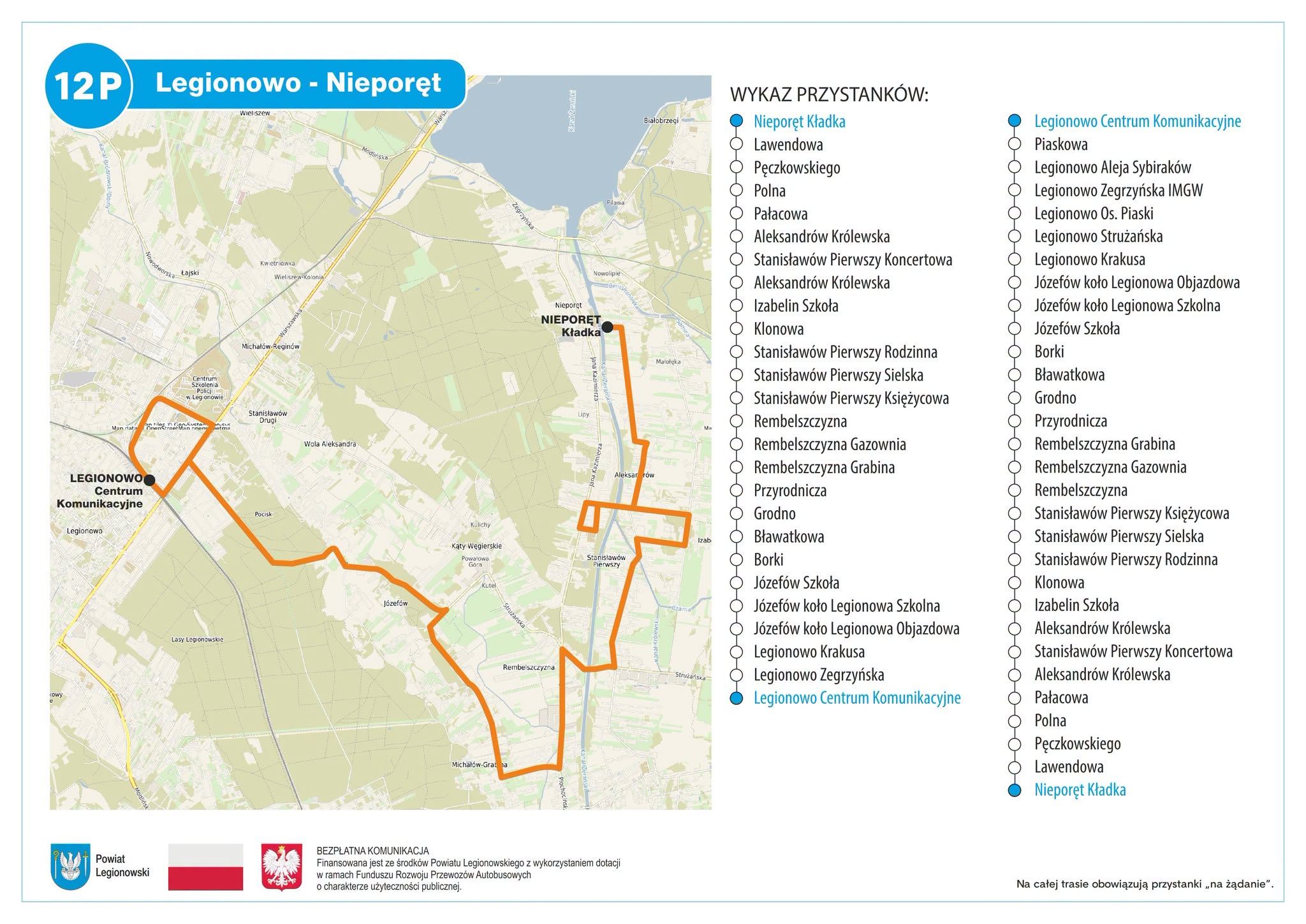 mapa z przystankami trasy autobusu
