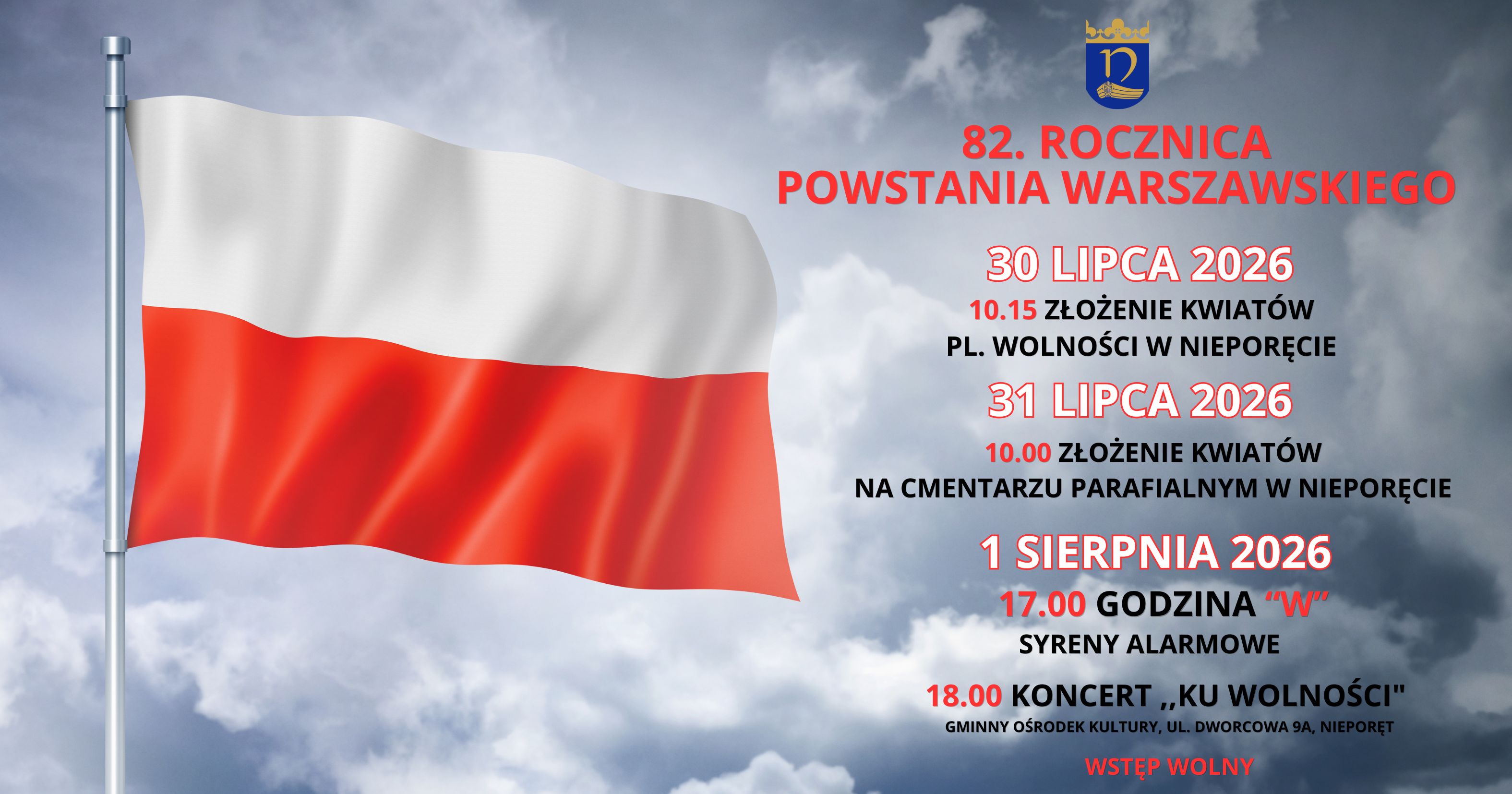 Plakat graficzny z opisem wydarzenia dotyczącego obchodów 82. rocznicy wybuchu Powstania Warszawakiego