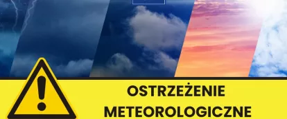 Grafika do komunikatu z ostrzeżeniami meteorologicznymi, na grafice chmury i słońce, 