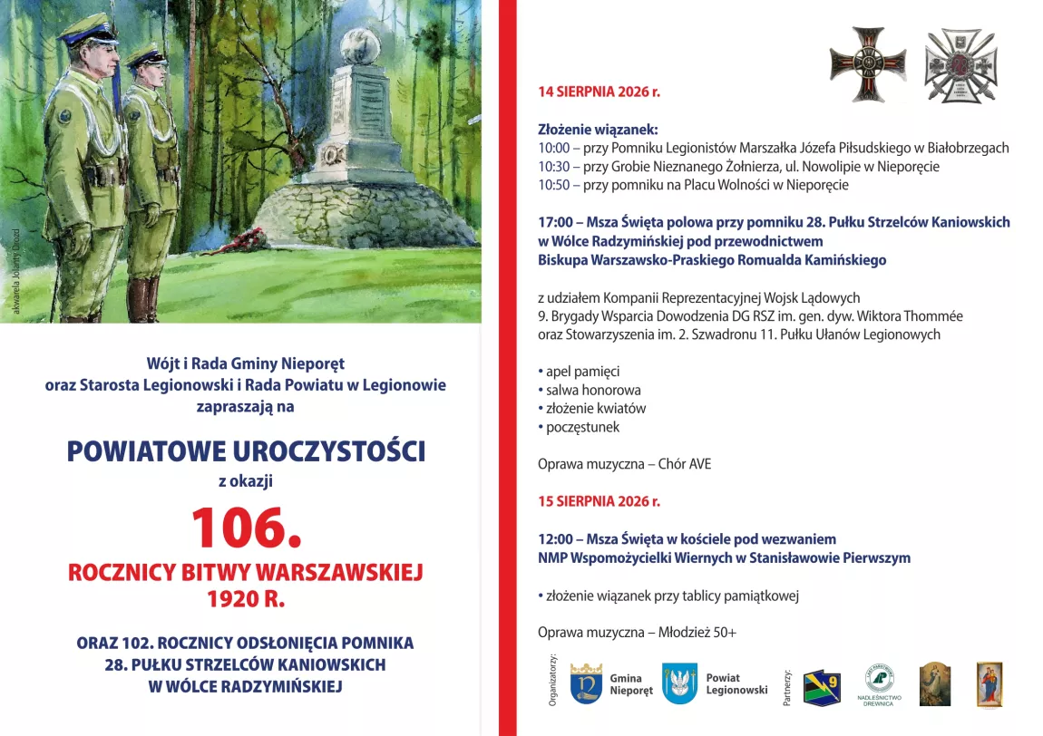 Plakat z informacjami o obchodach 106. rocznicy Bitwy Warszawskiej, które odbędą się 14 sierpnia w Wólce Radzymińskiej