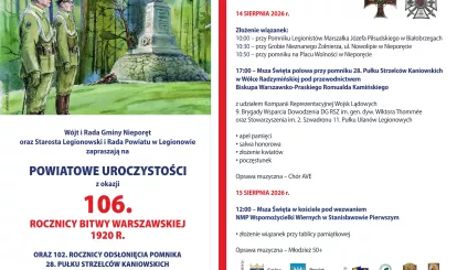 Plakat z informacjami o obchodach 106. rocznicy Bitwy Warszawskiej, które odbędą się 14 sierpnia w Wólce Radzymińskiej