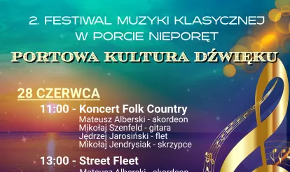 Kolorowy plakat z kluczem wiolinowym. Plakat informuje o koncertach